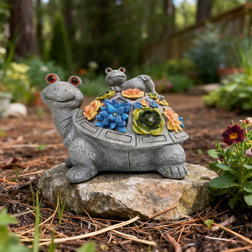 Outdoor Solar Turtle Statue with Succulents and LED Lights for Garden