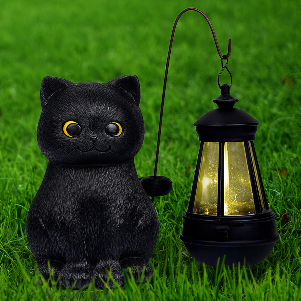 Solar Garden Statue Cat Figurine Black Cat Statues Garden Decor with LED Light Outdoor Statue for Yard Patio Balcony Lawn Ornament