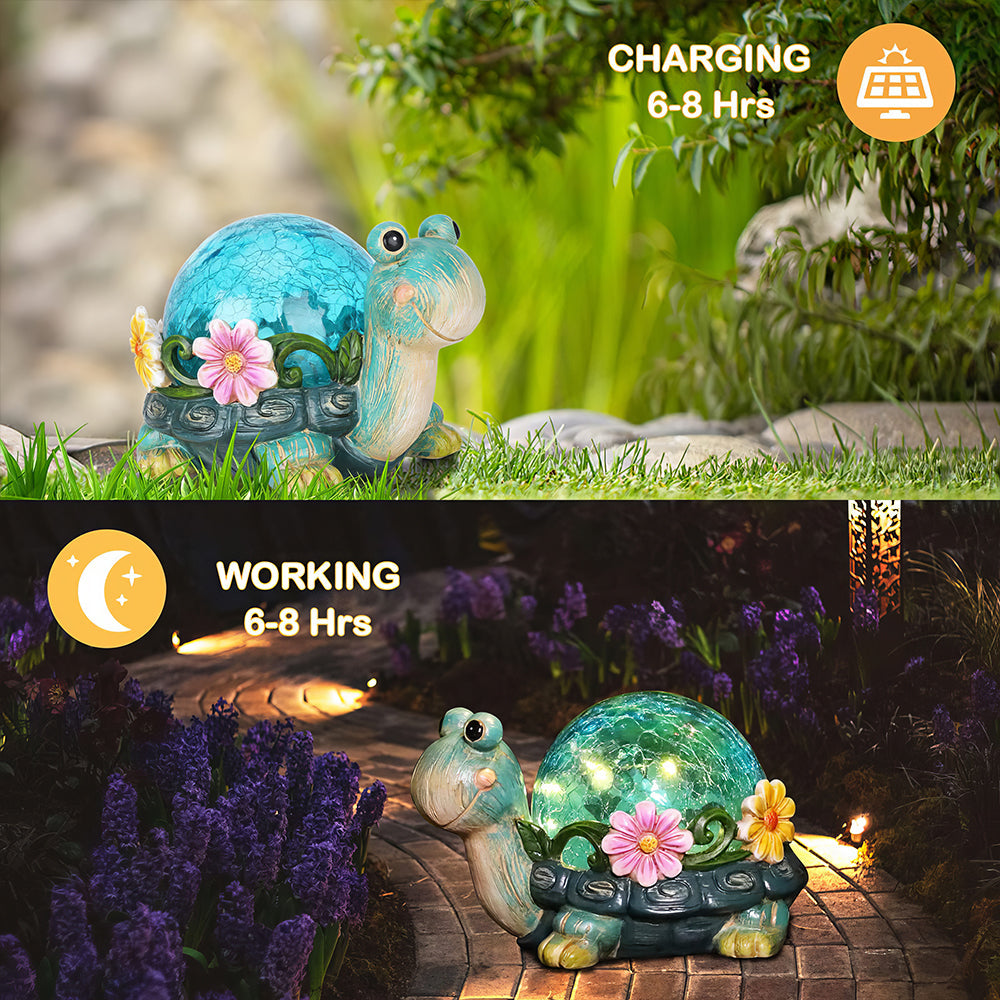 Solar Garden Statues Outdoor Figurines Turtle Lawn Ornament with Solar Lights Cracked Glass Outdoor Decor for Patio Yard Decorations