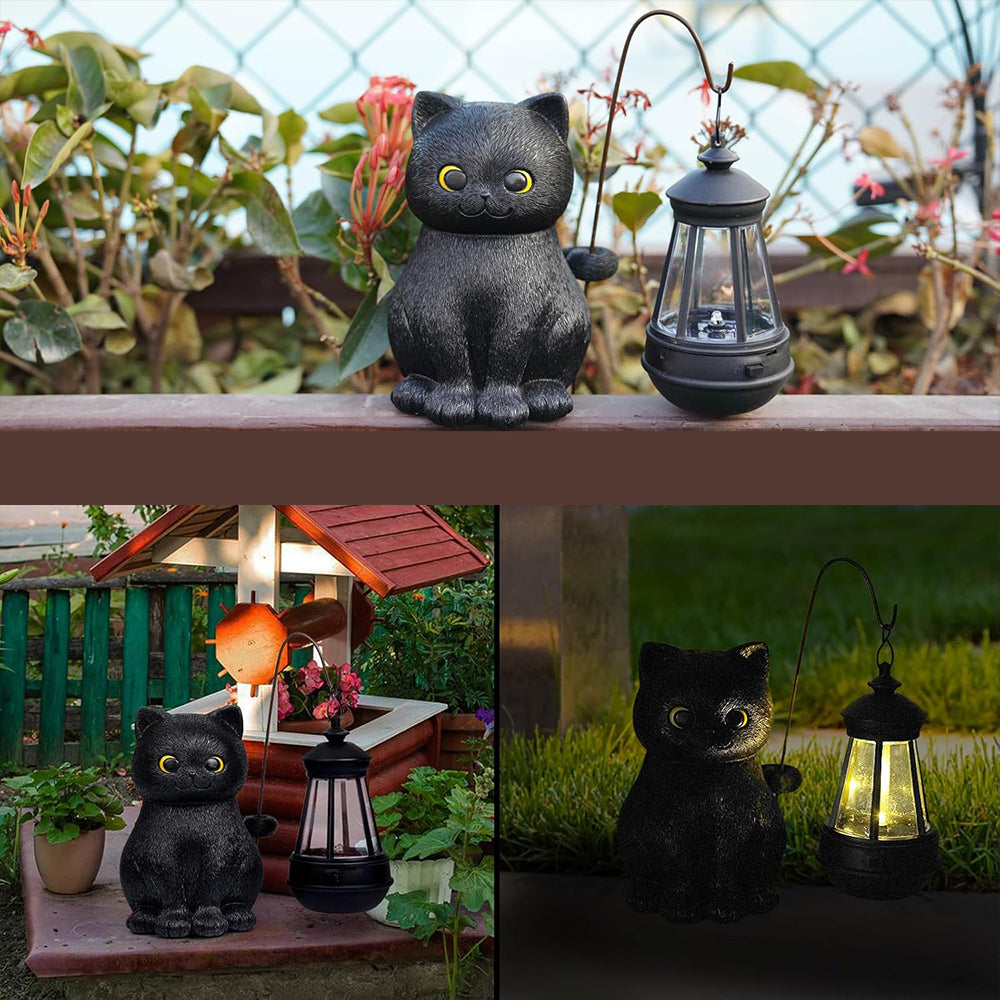 Solar Garden Statue Cat Figurine Black Cat Statues Garden Decor with LED Light Outdoor Statue for Yard Patio Balcony Lawn Ornament