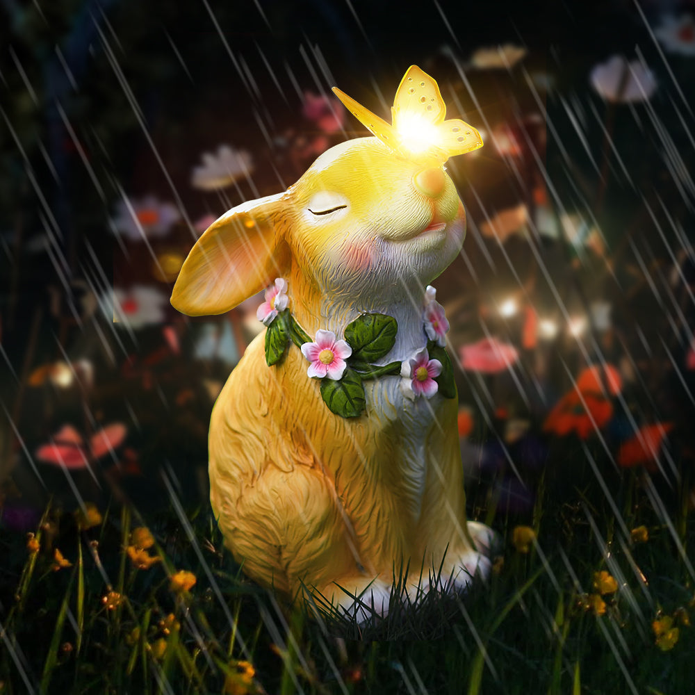 Solar Rabbit Garden Statue Resin Outdoor Decor for Yard and Lawn